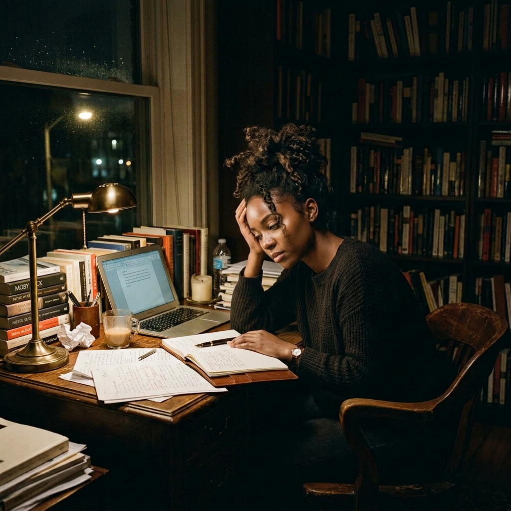 Woman studying at desk with open laptop, notebook, and books in dimly lit room
